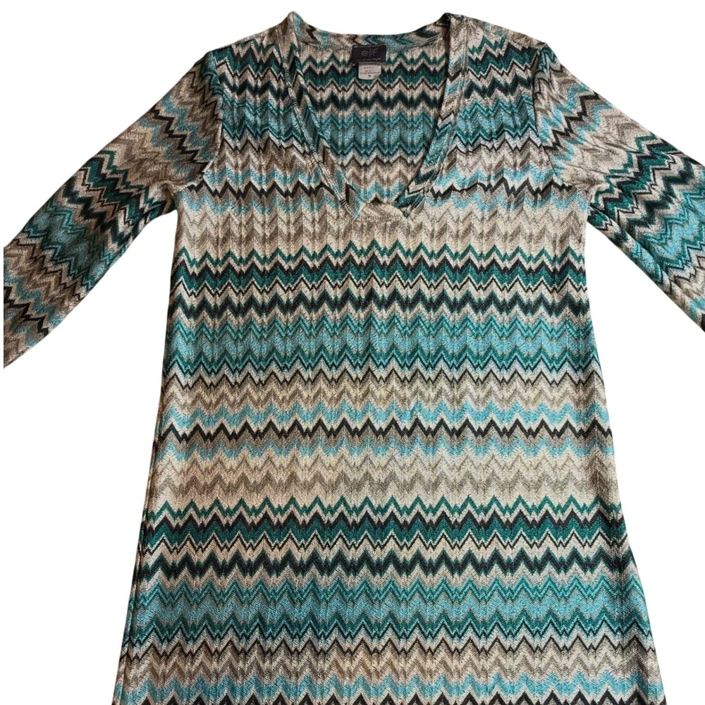 Elif Jordan Taylor Teal Chevron Zigzag Knit V-Neck 3/4 Sleeve Tunic Dress M - Picture 2 of 3